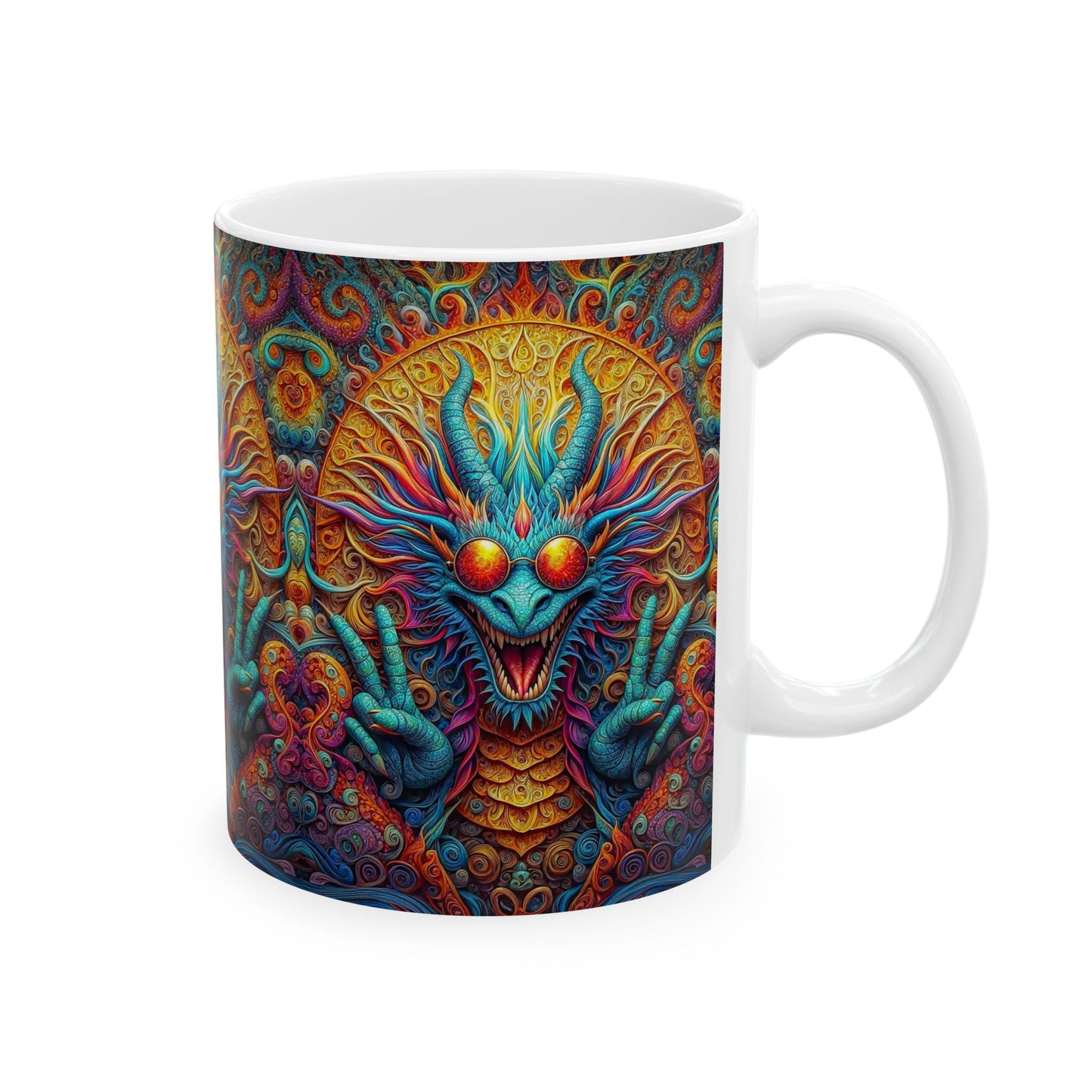 Sip in Harmony: PEACE Hippy Dragon Ceramic Mug 11oz