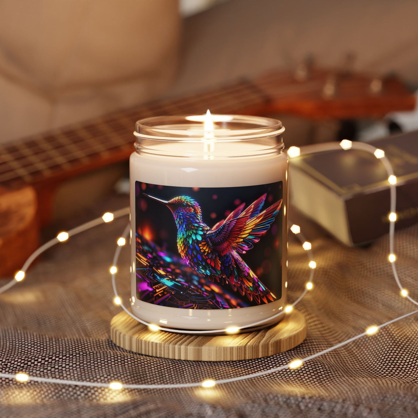 Fractal Harmony A Mesmerizing Dance of Hummingbird Elegance and Digital Beats Scented Soy Candle, 9oz