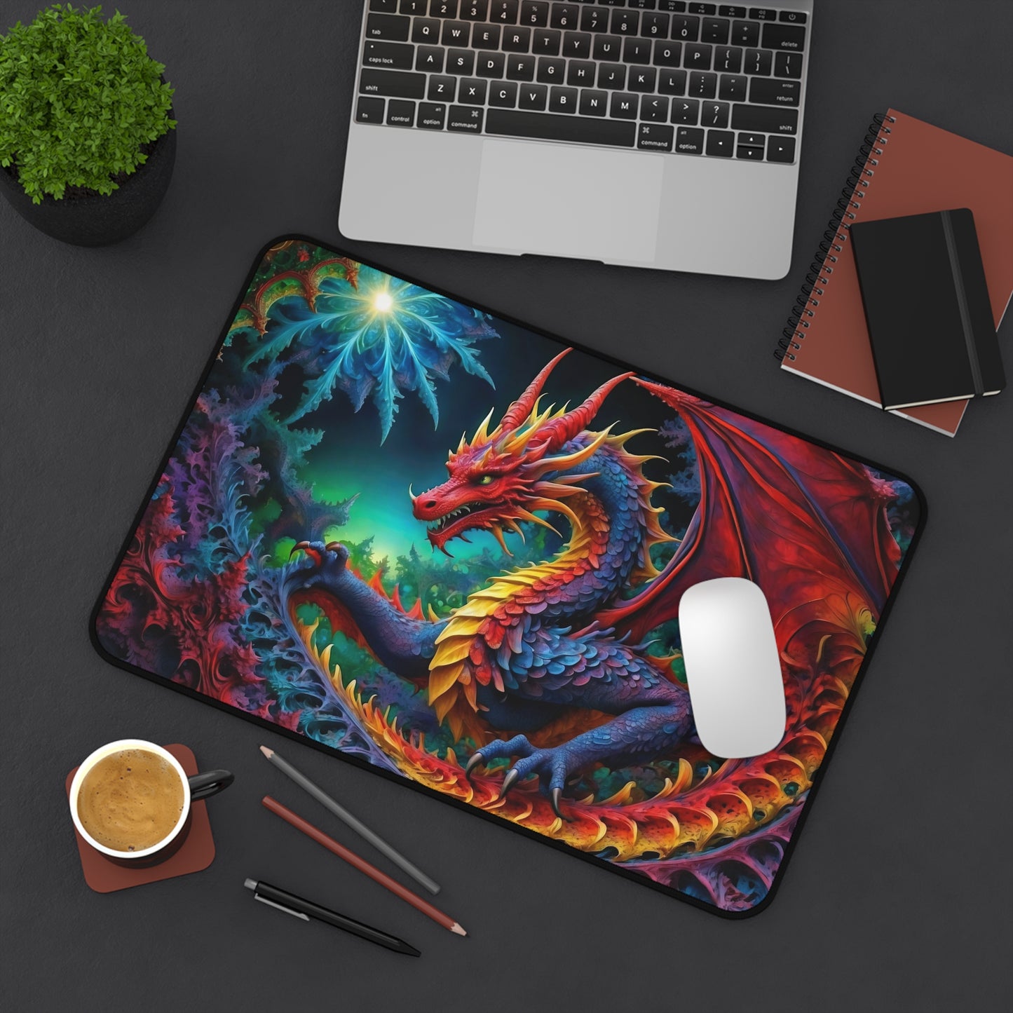 Enchanting Echoes: Drakara's Fractal Odyssey Desk Mat