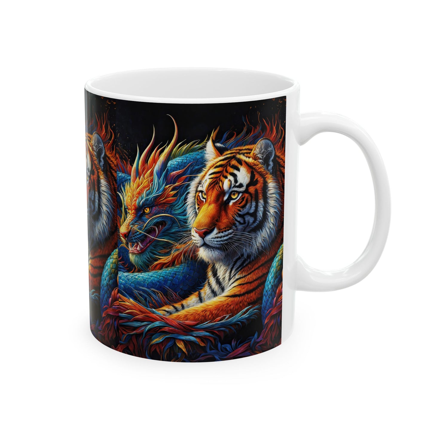 Mythical Harmony: Eldoria's Champions 11oz Ceramic Mug – Tiger and Dragon Fantasy Art