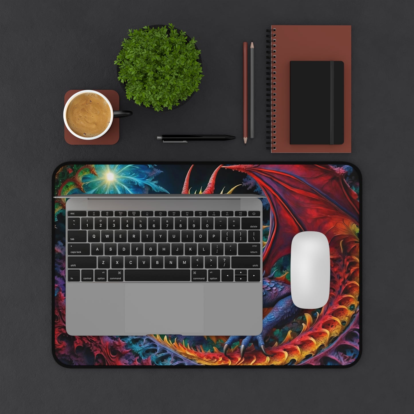 Enchanting Echoes: Drakara's Fractal Odyssey Desk Mat