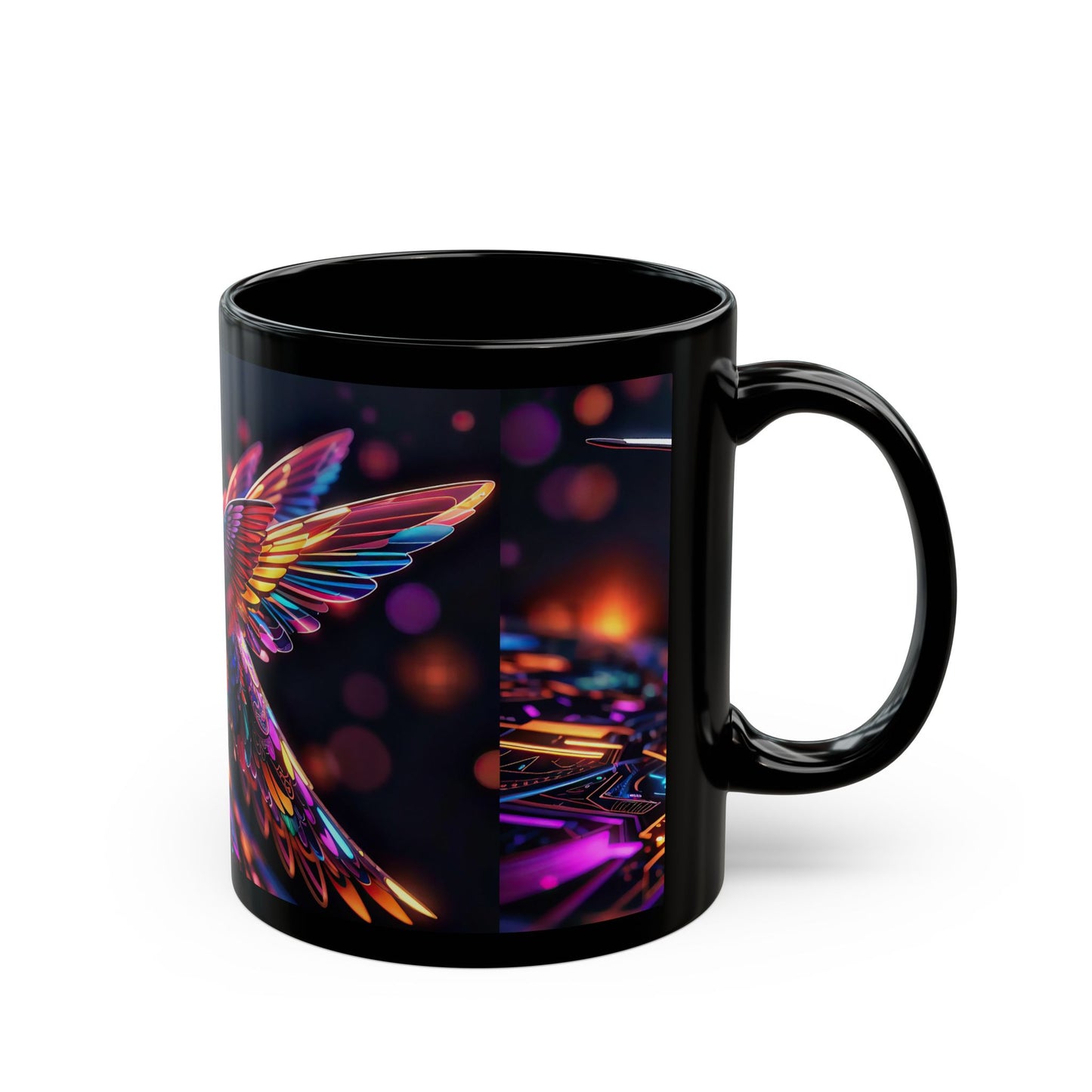 Fractal Harmony A Mesmerizing Dance of Hummingbird Elegance and Digital Beats 11oz Black Mug