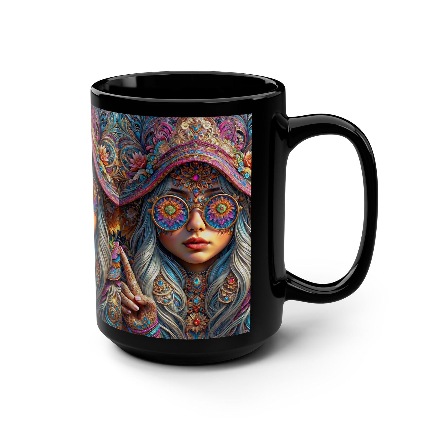 The Gnome Princess in Mandala Majesty Black Mug, 15oz