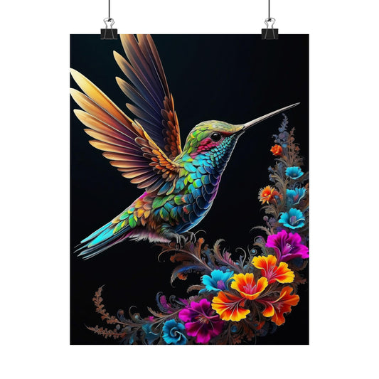 Flight of Elegance: Vibrant Hummingbird Soaring Amidst Fractal Blooms Matte Vertical Posters