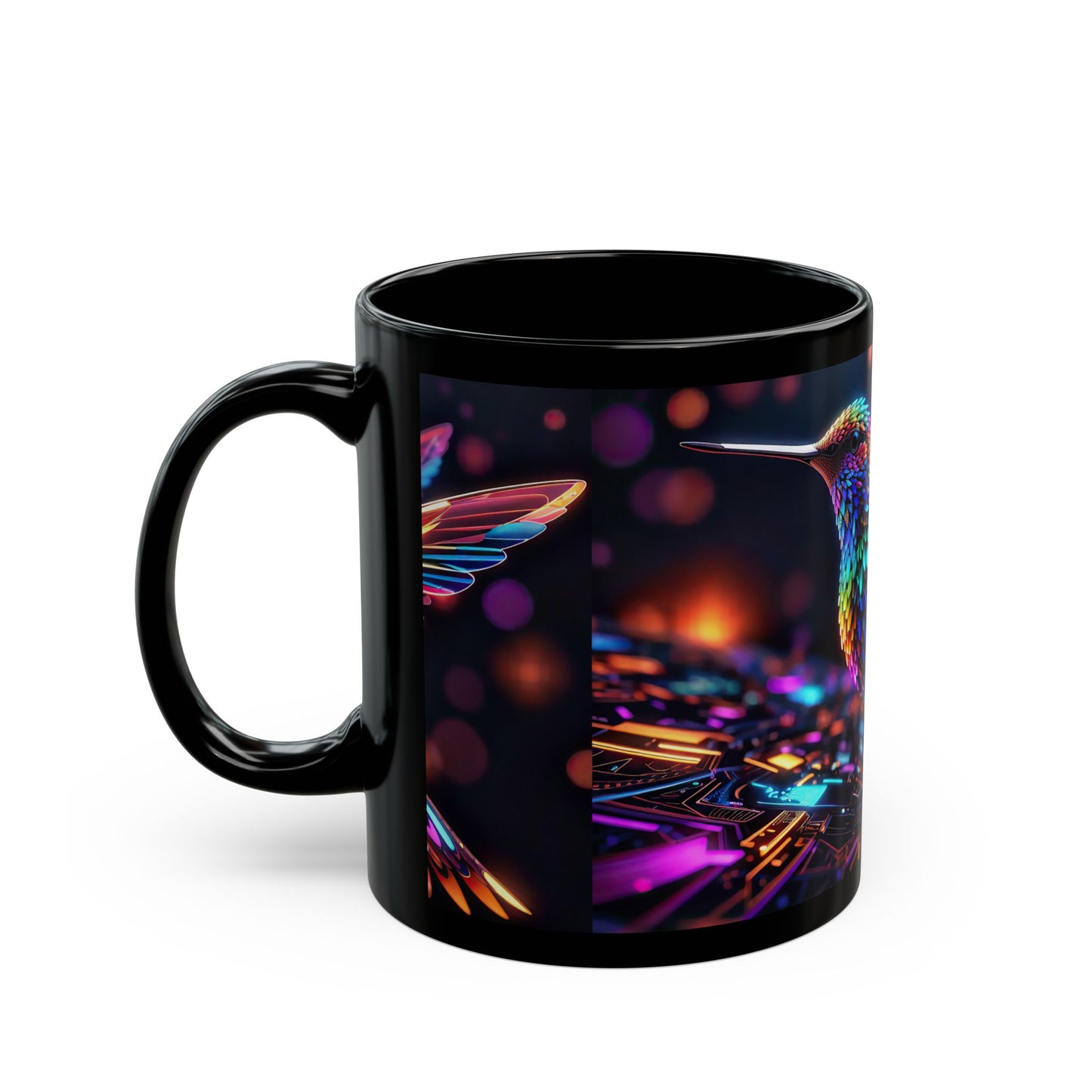 Fractal Harmony A Mesmerizing Dance of Hummingbird Elegance and Digital Beats 11oz Black Mug