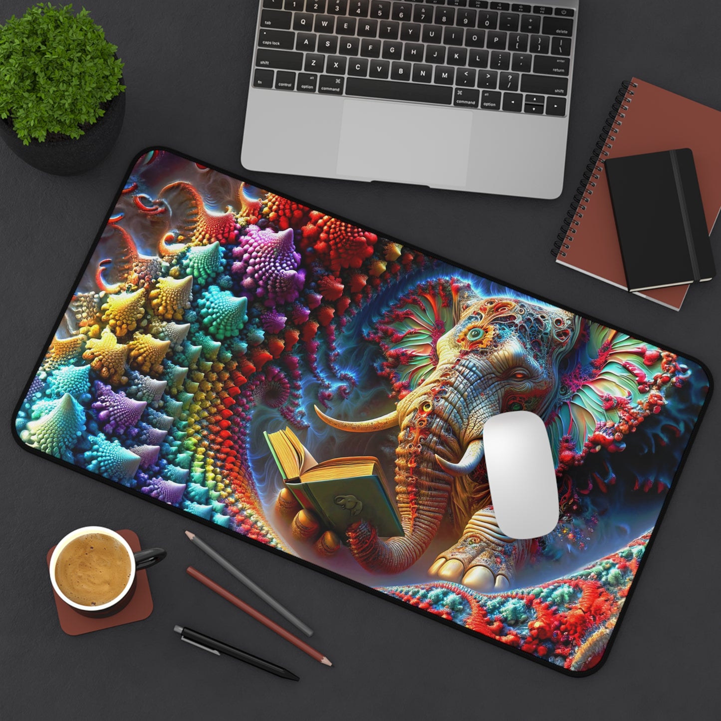 Celestial Wisdom: The Elephant's Tale Unfolds in Fractal Splendor Desk Mat