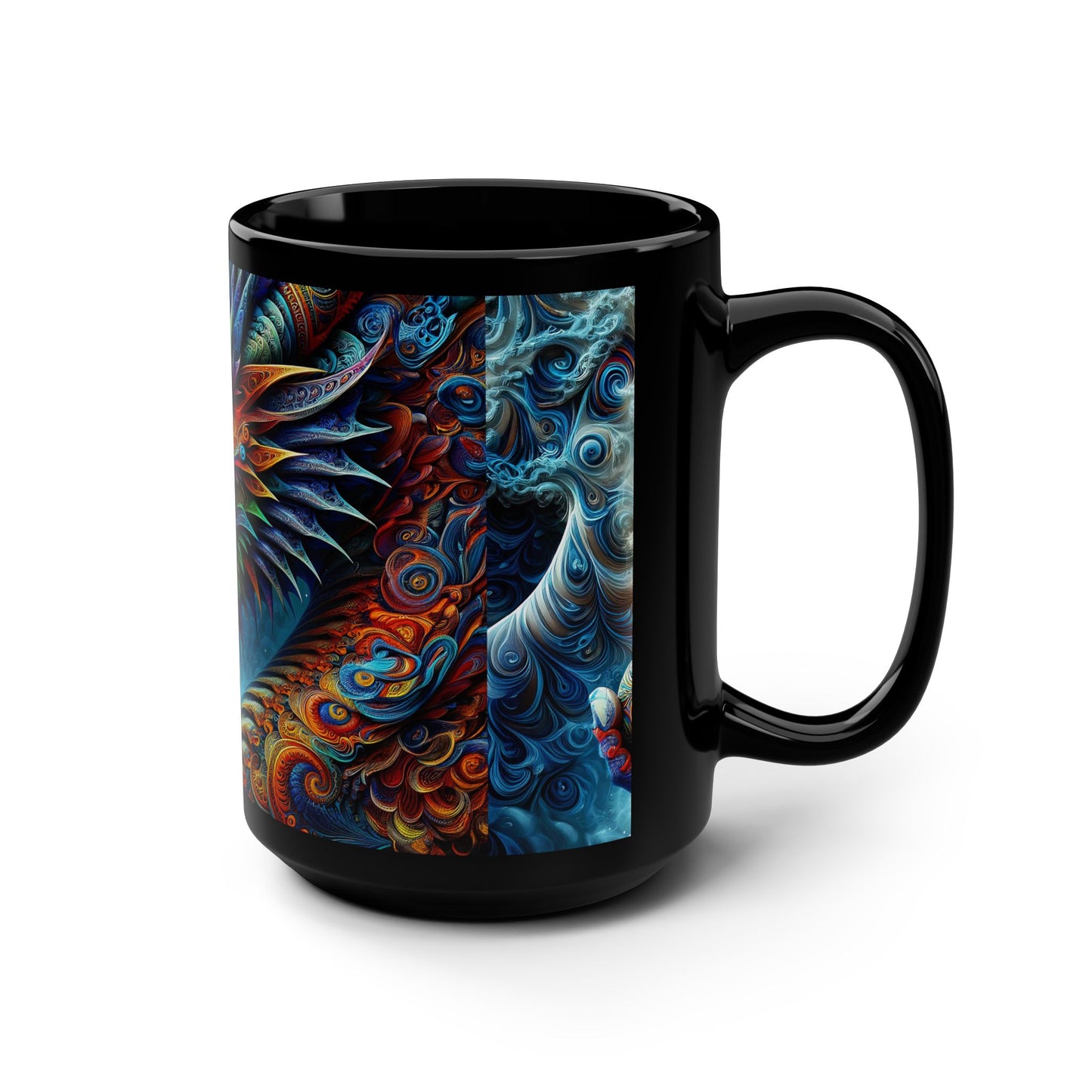 The Enigmatic Ember: A Dragon's Fractal Tale Black Mug, 15oz