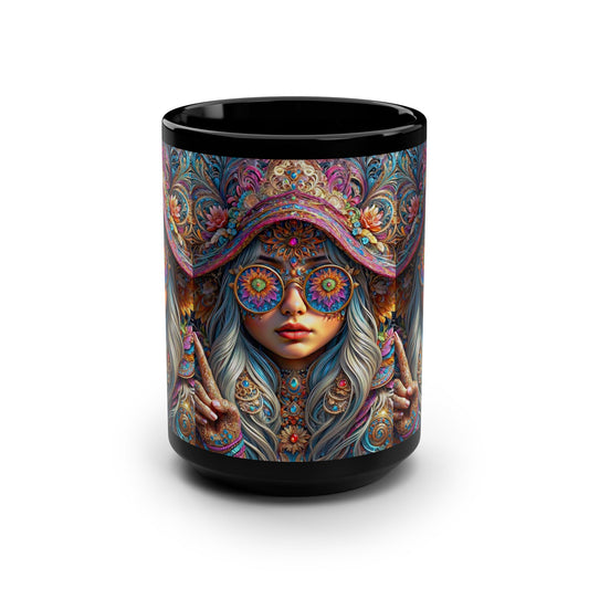 The Gnome Princess in Mandala Majesty Black Mug, 15oz