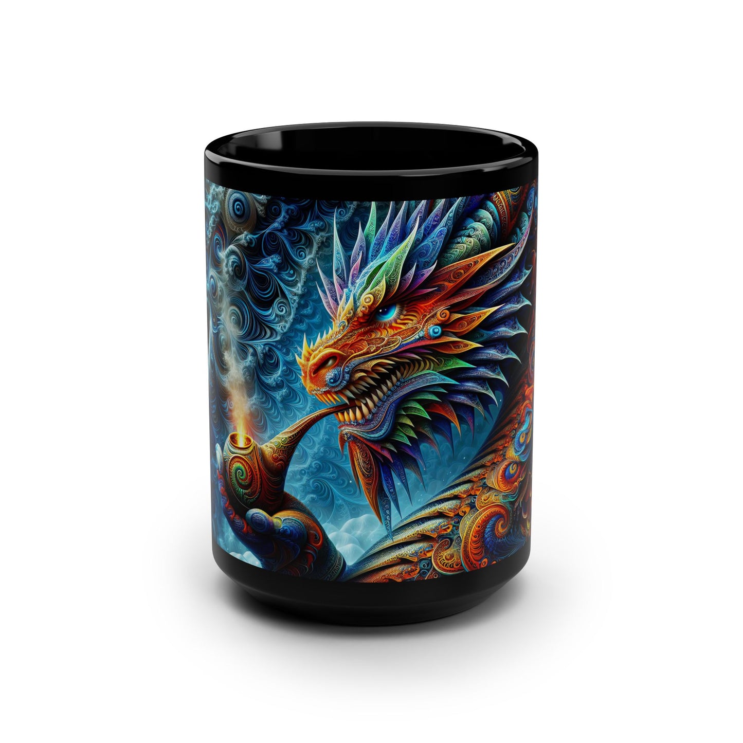 The Enigmatic Ember: A Dragon's Fractal Tale Black Mug, 15oz