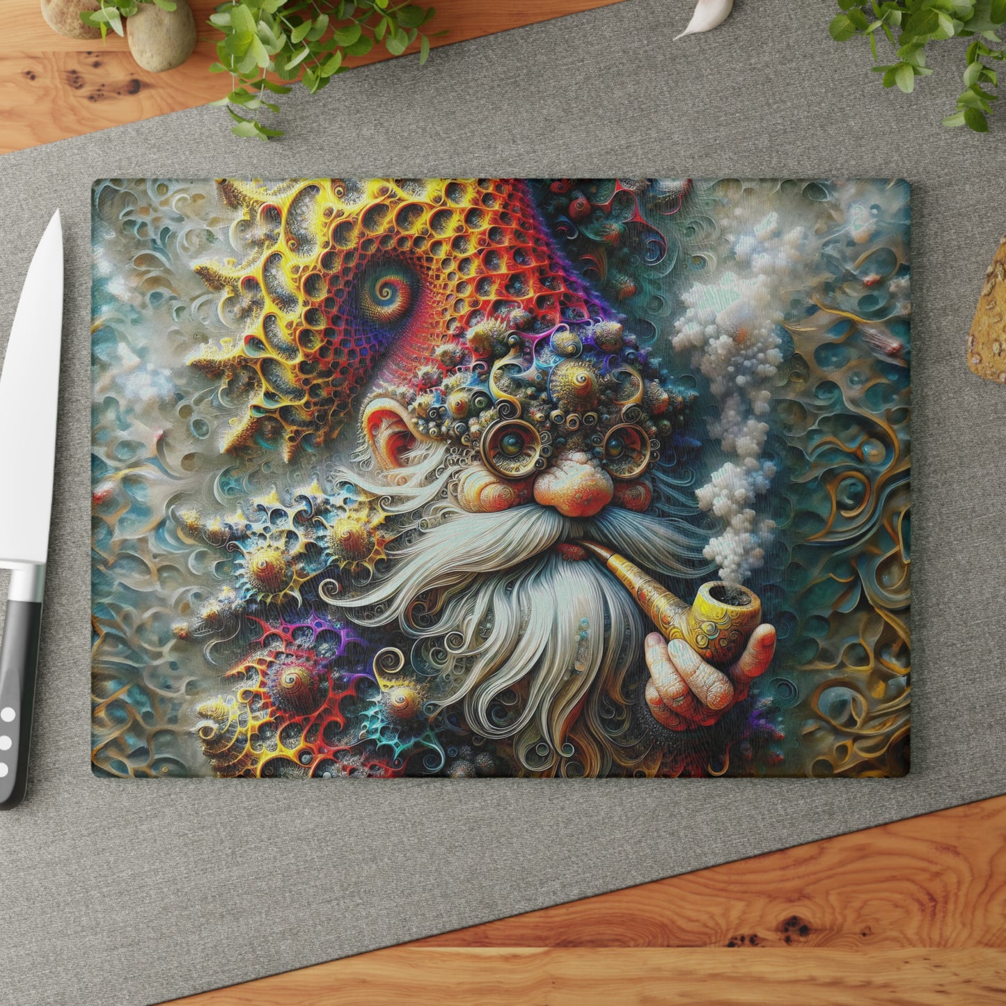 Eldon the Fractal-Kissed Gnome Glass Cutting Board