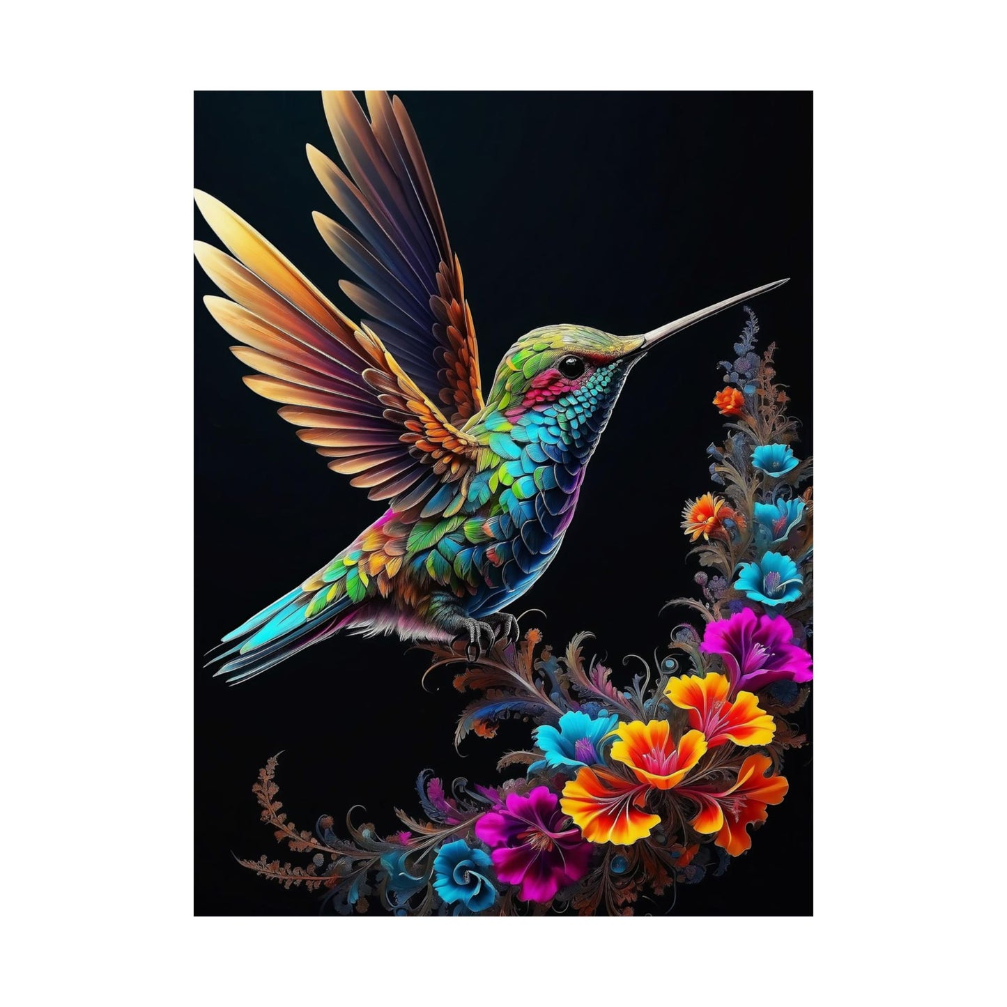 Flight of Elegance: Vibrant Hummingbird Soaring Amidst Fractal Blooms Matte Vertical Posters