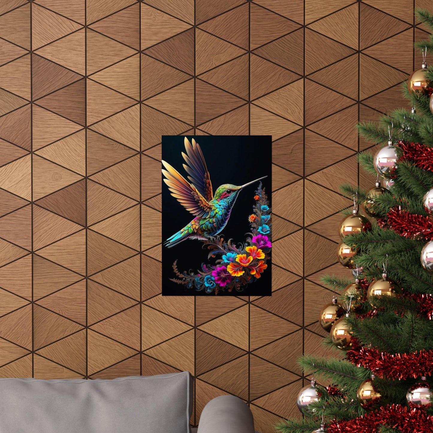 Flight of Elegance: Vibrant Hummingbird Soaring Amidst Fractal Blooms Matte Vertical Posters