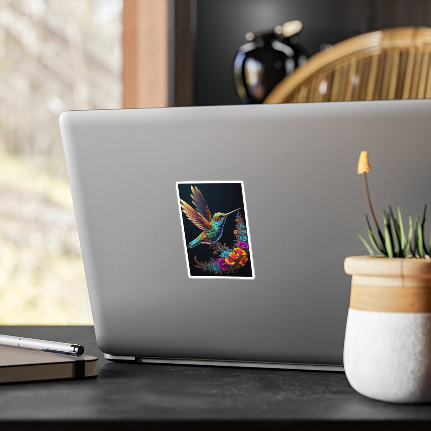 Flight of Elegance: Vibrant Hummingbird Soaring Amidst Fractal Blooms  Kiss-Cut Vinyl Decals