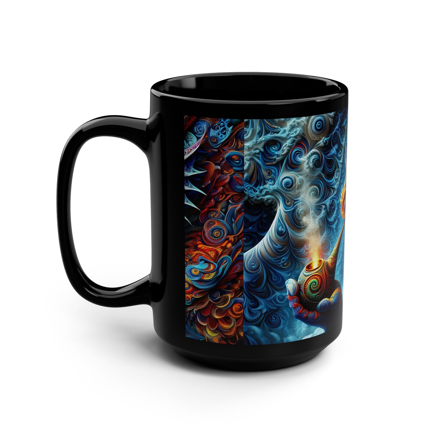 The Enigmatic Ember: A Dragon's Fractal Tale Black Mug, 15oz