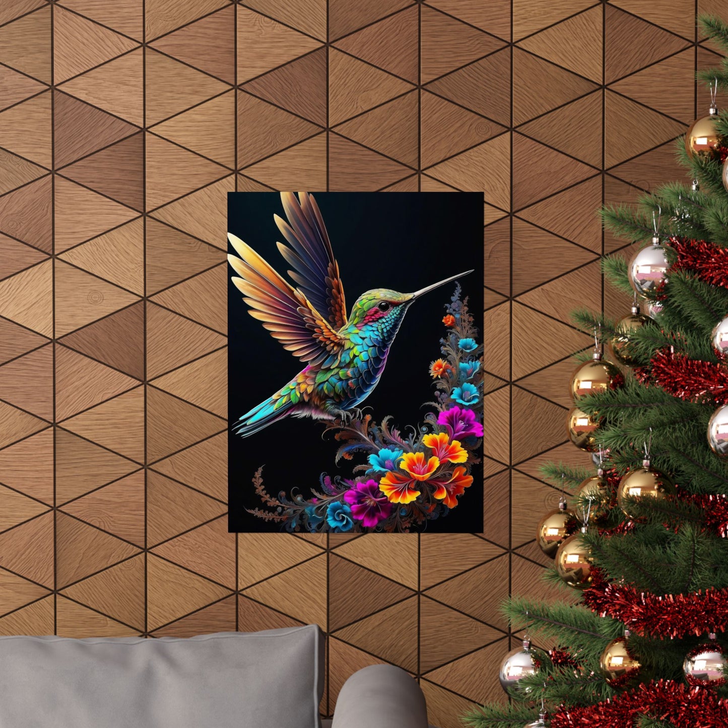 Flight of Elegance: Vibrant Hummingbird Soaring Amidst Fractal Blooms Matte Vertical Posters