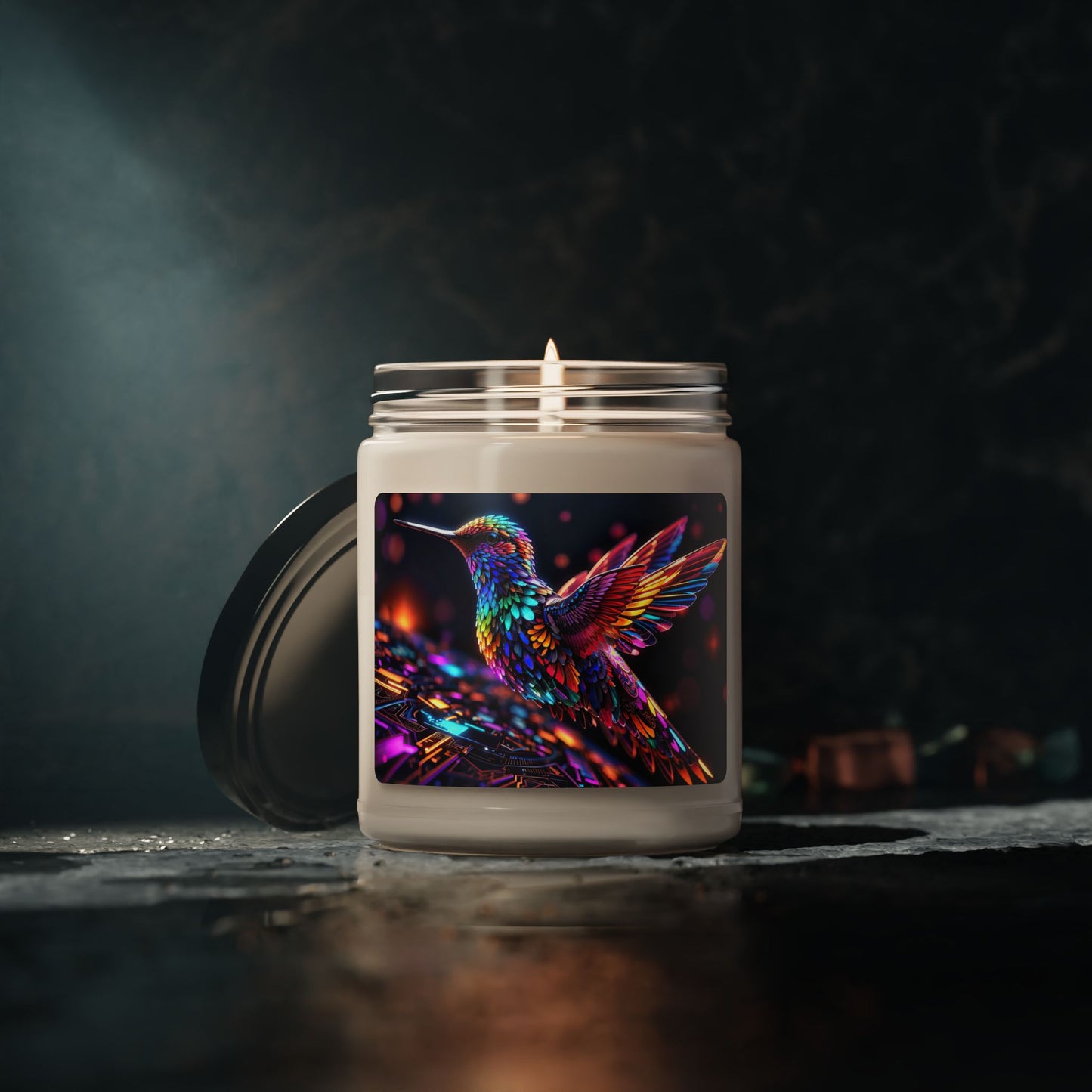 Fractal Harmony A Mesmerizing Dance of Hummingbird Elegance and Digital Beats Scented Soy Candle, 9oz