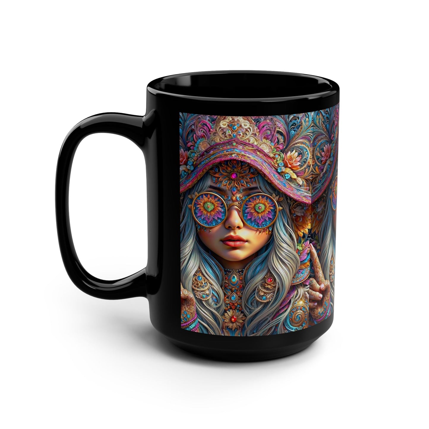 The Gnome Princess in Mandala Majesty Black Mug, 15oz