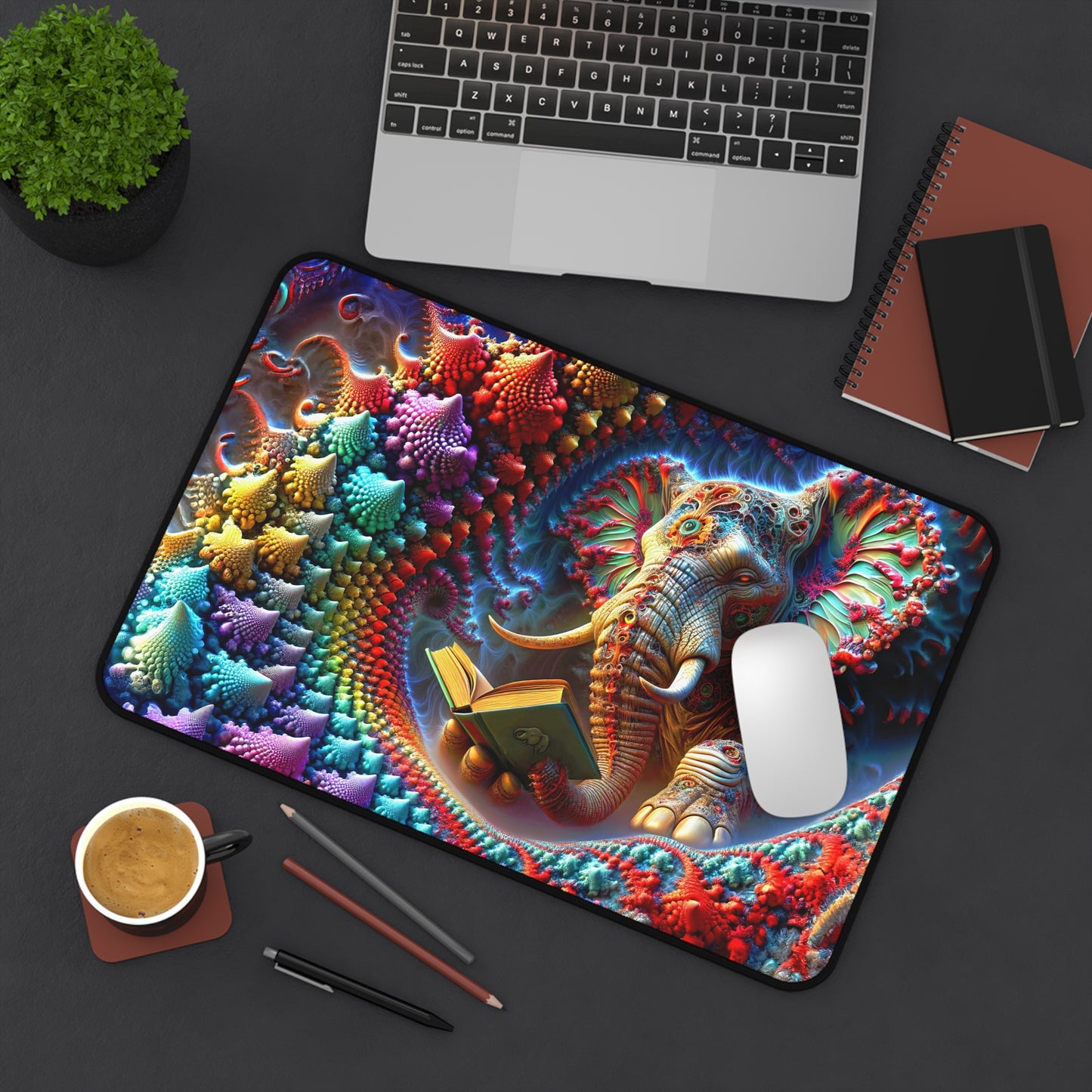 Celestial Wisdom: The Elephant's Tale Unfolds in Fractal Splendor Desk Mat