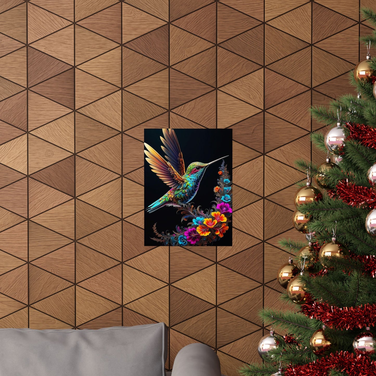 Flight of Elegance: Vibrant Hummingbird Soaring Amidst Fractal Blooms Matte Vertical Posters