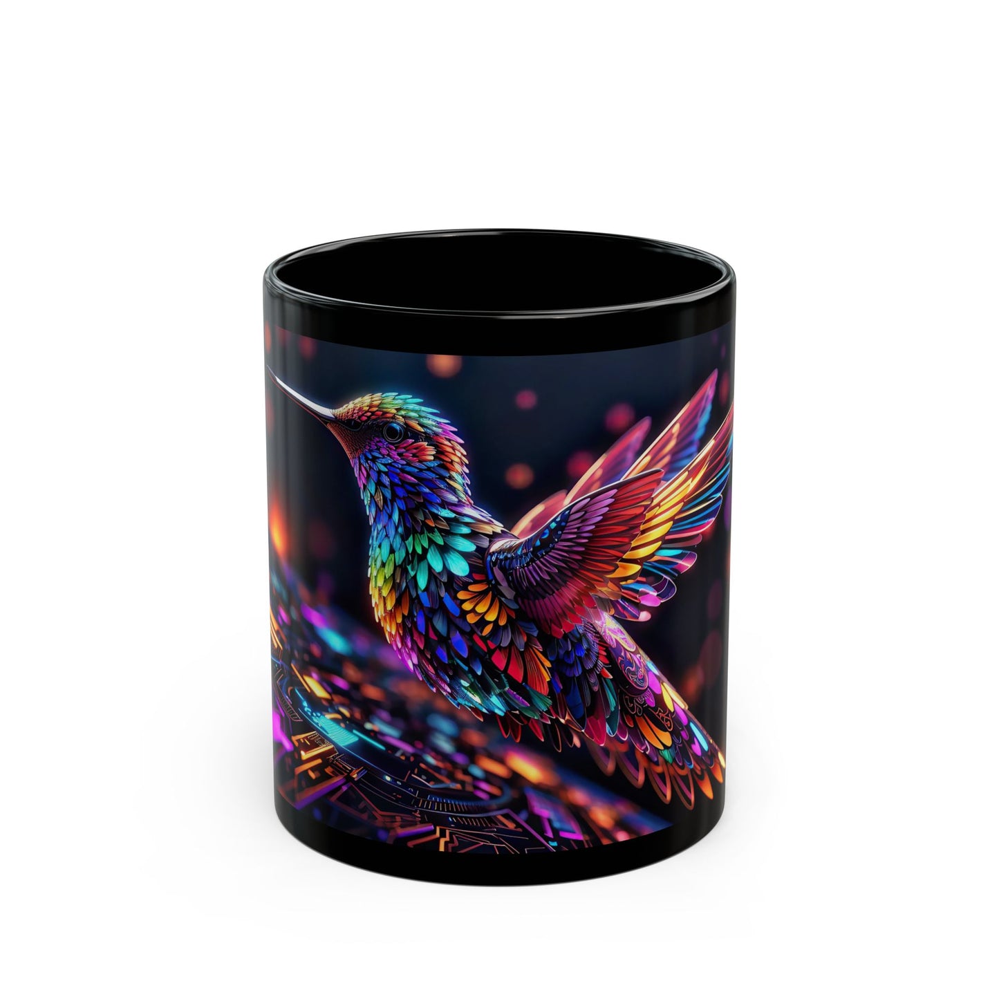 Fractal Harmony A Mesmerizing Dance of Hummingbird Elegance and Digital Beats 11oz Black Mug