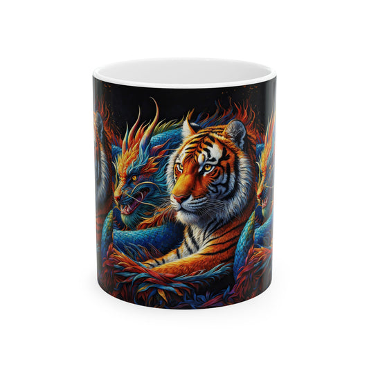 Mythical Harmony: Eldoria's Champions 11oz Ceramic Mug – Tiger and Dragon Fantasy Art