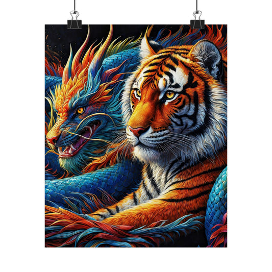 Majestic Tiger and Dragon Fantasy Art Matte Vertical Posters