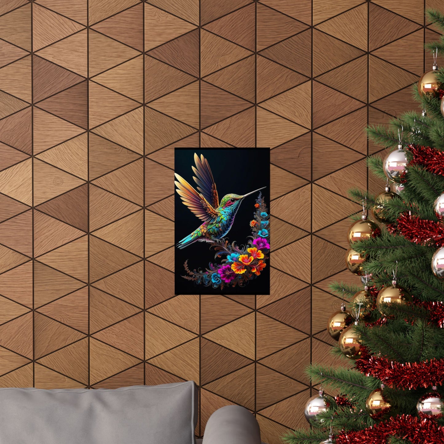 Flight of Elegance: Vibrant Hummingbird Soaring Amidst Fractal Blooms Matte Vertical Posters