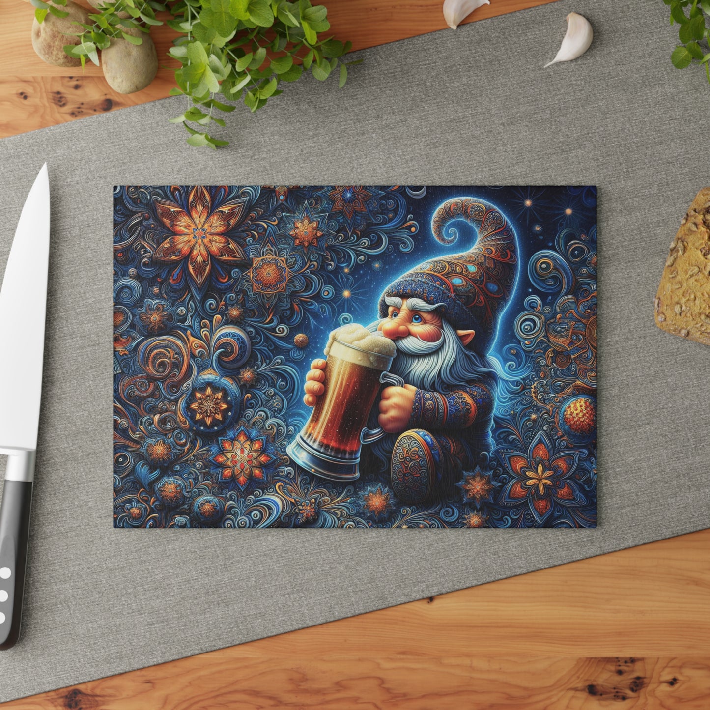 Glimpses of Whimsy Zephyr Twizzletoe in the Fractal Galaxy Glass Cutting Board