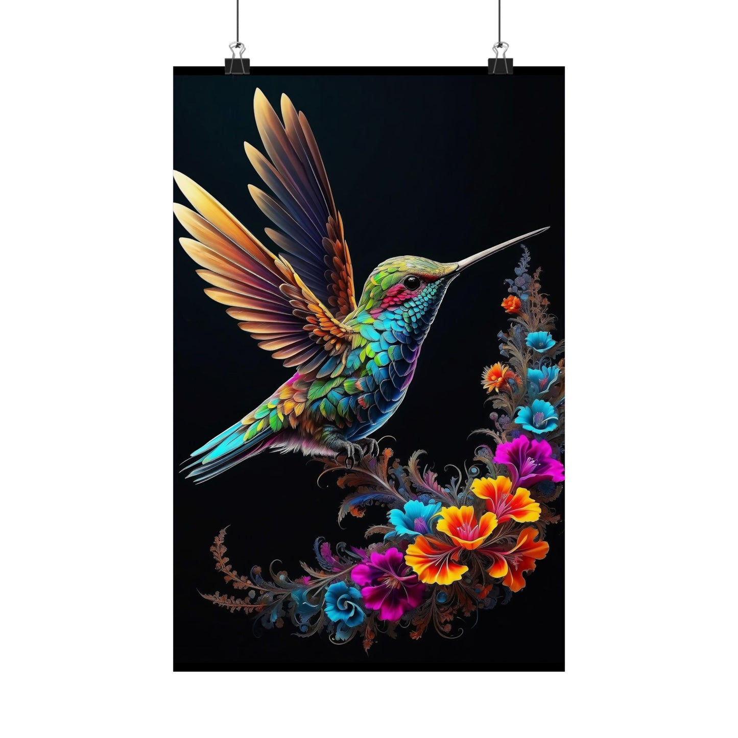 Flight of Elegance: Vibrant Hummingbird Soaring Amidst Fractal Blooms Matte Vertical Posters