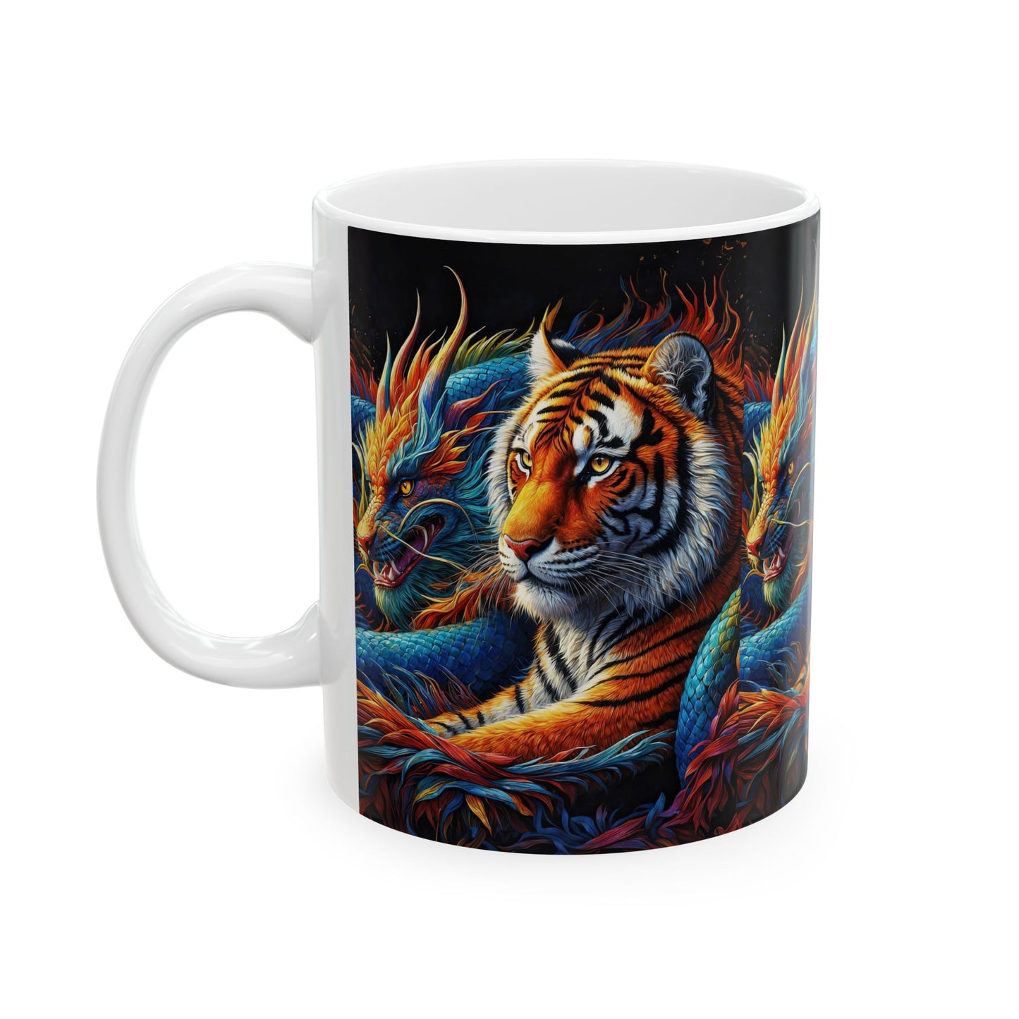 Mythical Harmony: Eldoria's Champions 11oz Ceramic Mug – Tiger and Dragon Fantasy Art