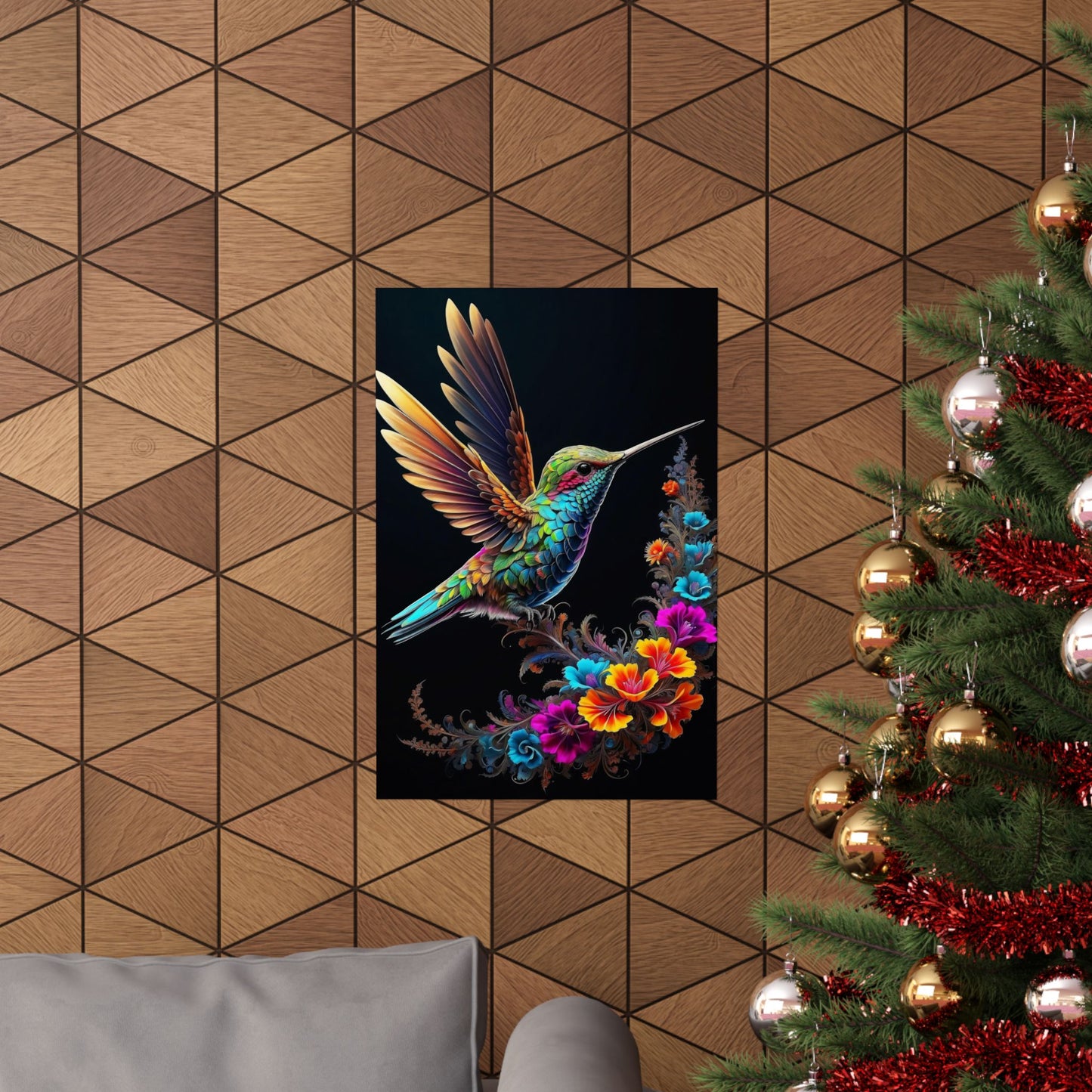 Flight of Elegance: Vibrant Hummingbird Soaring Amidst Fractal Blooms Matte Vertical Posters