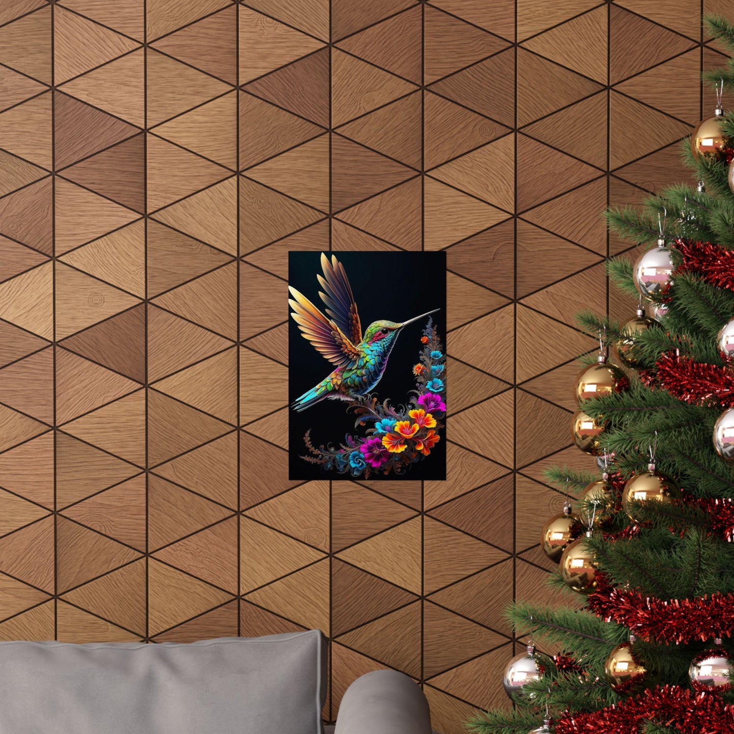 Flight of Elegance: Vibrant Hummingbird Soaring Amidst Fractal Blooms Matte Vertical Posters