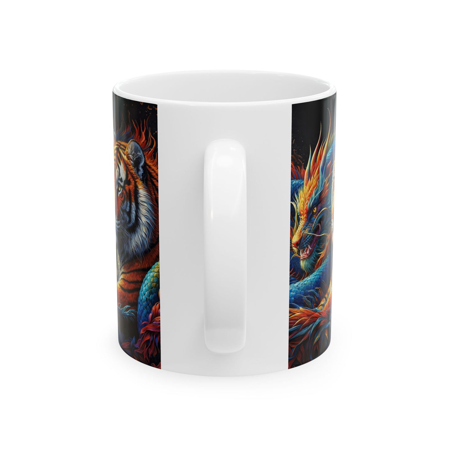 Mythical Harmony: Eldoria's Champions 11oz Ceramic Mug – Tiger and Dragon Fantasy Art