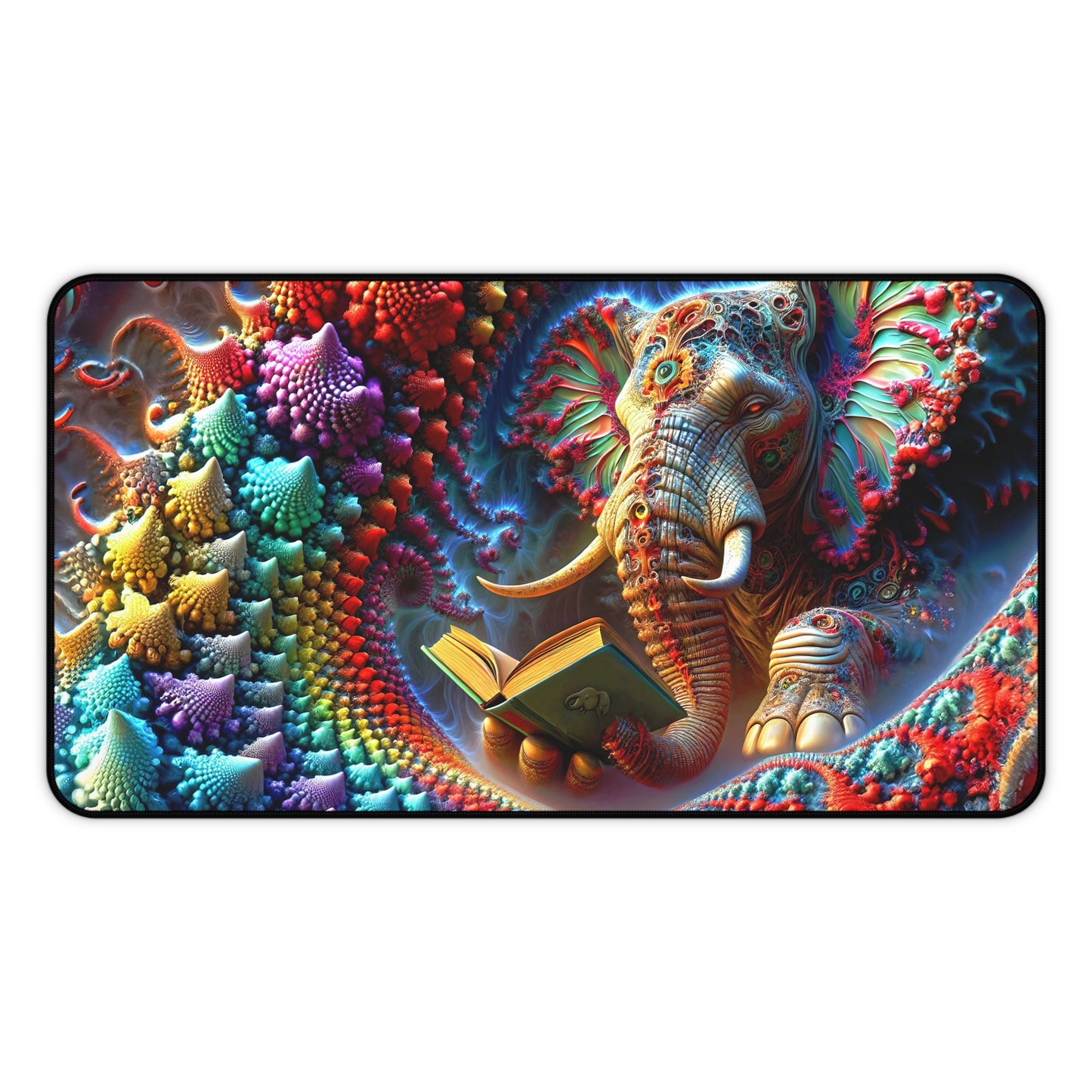 Celestial Wisdom: The Elephant's Tale Unfolds in Fractal Splendor Desk Mat