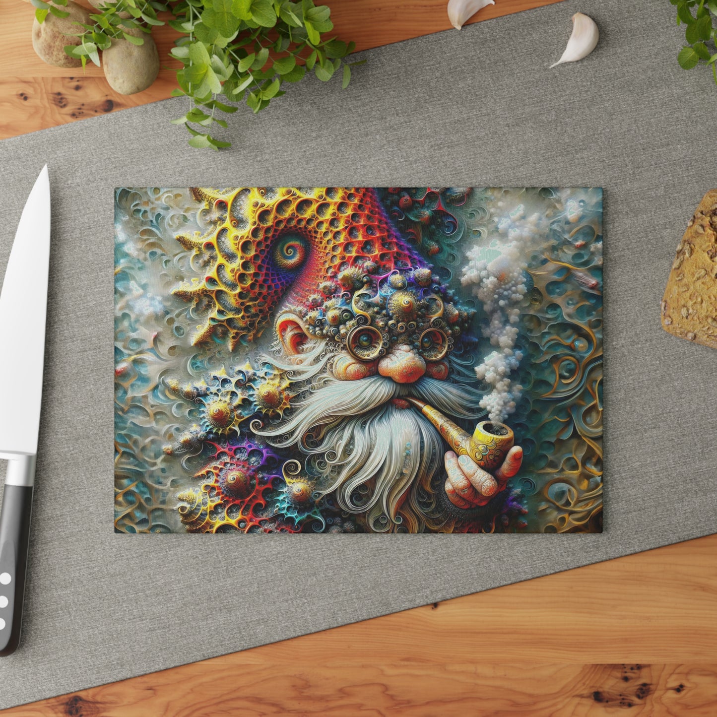 Eldon the Fractal-Kissed Gnome Glass Cutting Board