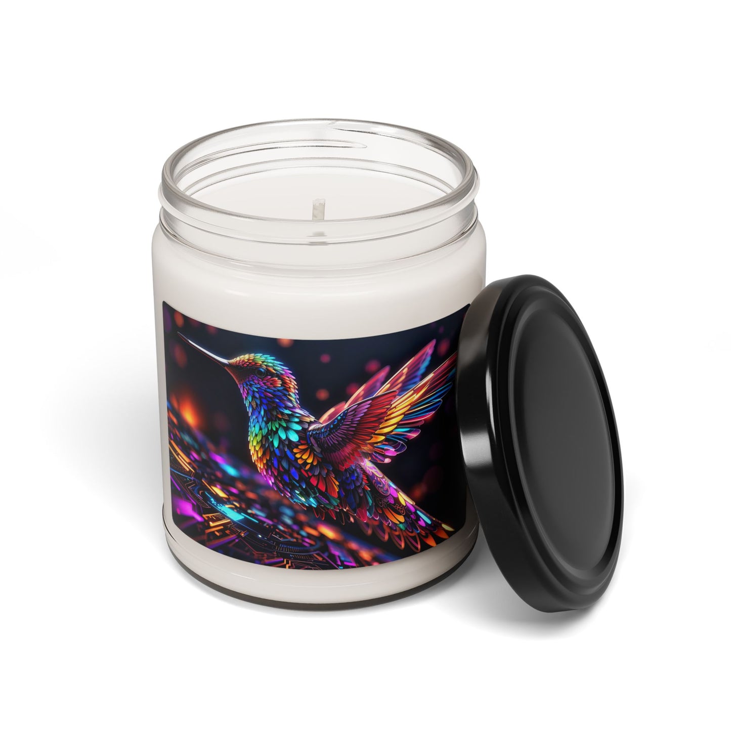 Fractal Harmony A Mesmerizing Dance of Hummingbird Elegance and Digital Beats Scented Soy Candle, 9oz