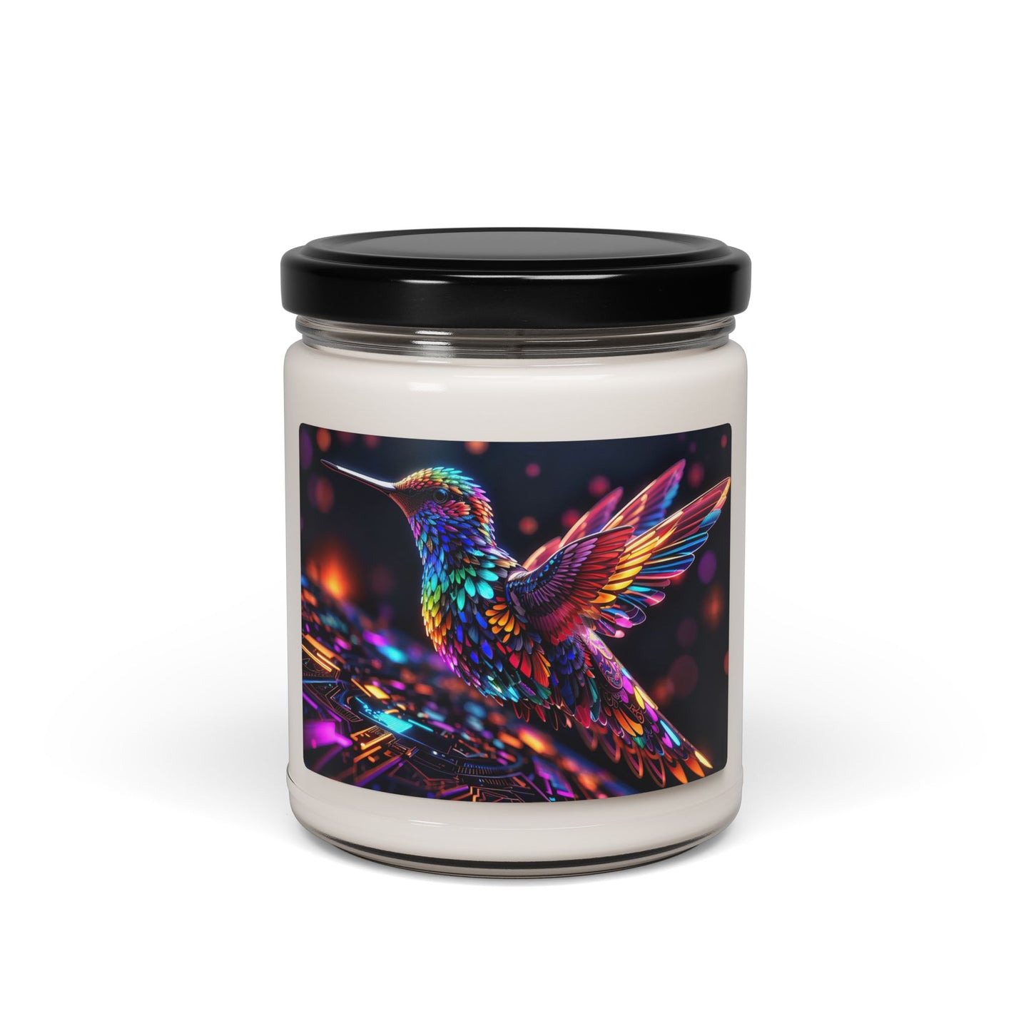 Fractal Harmony A Mesmerizing Dance of Hummingbird Elegance and Digital Beats Scented Soy Candle, 9oz