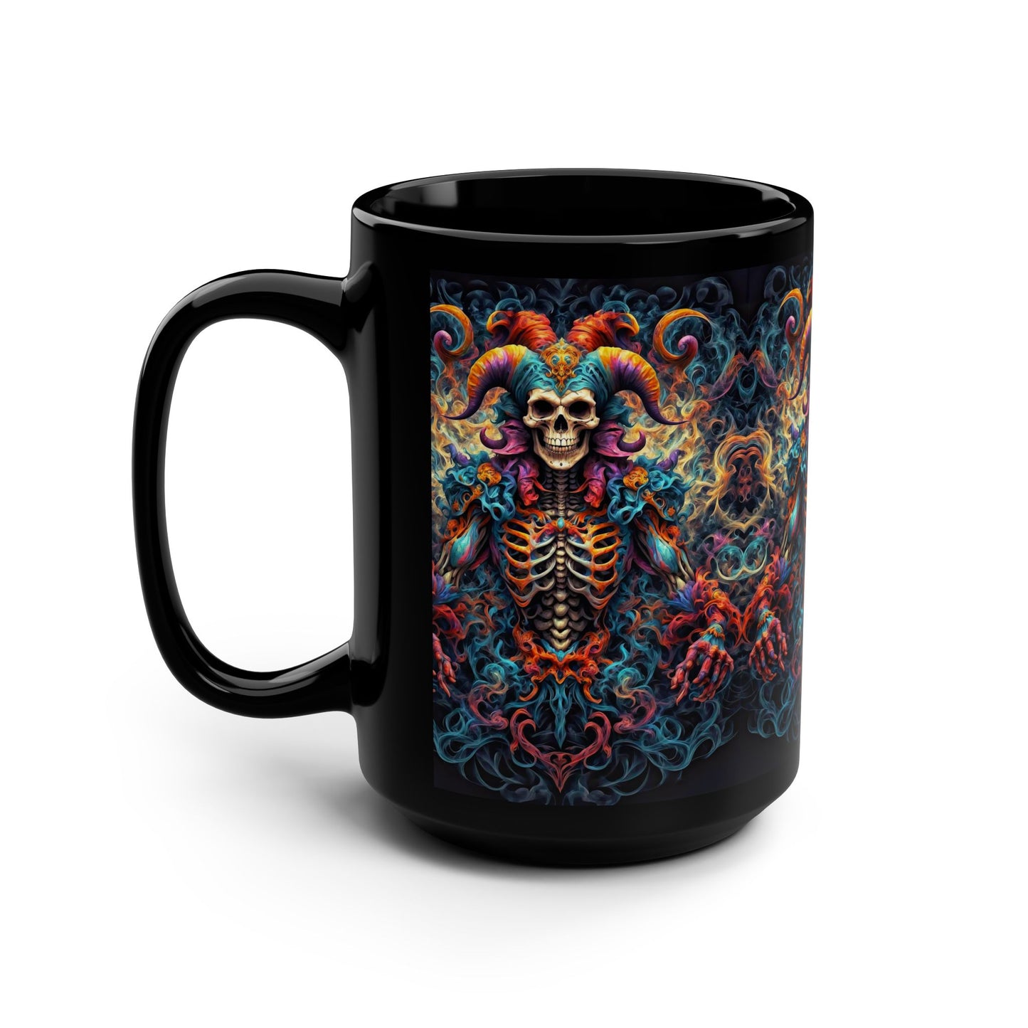 Shadows Unleashed: Dark Jester's Mandala Black Mug, 15oz