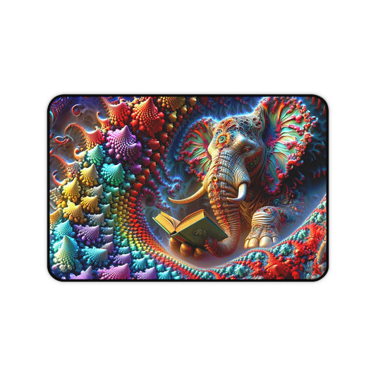 Celestial Wisdom: The Elephant's Tale Unfolds in Fractal Splendor Desk Mat