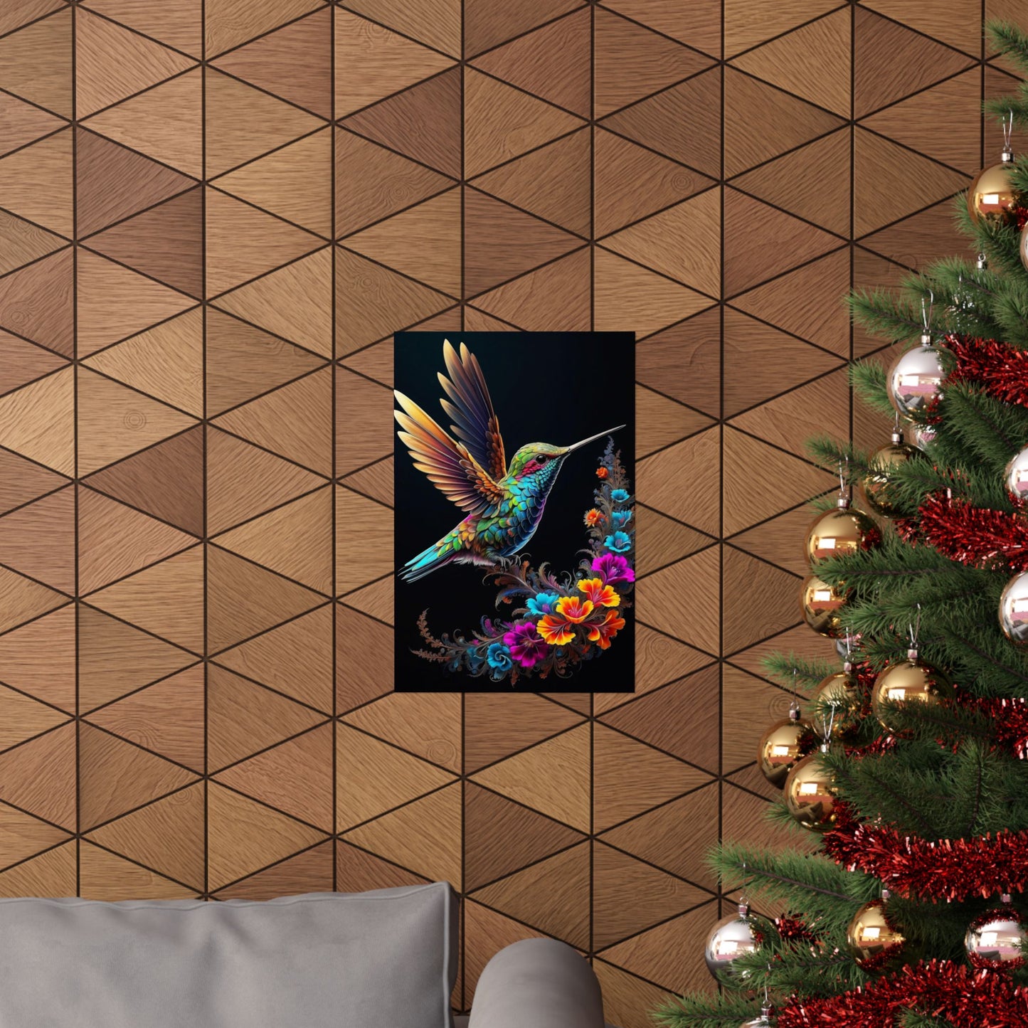 Flight of Elegance: Vibrant Hummingbird Soaring Amidst Fractal Blooms Matte Vertical Posters