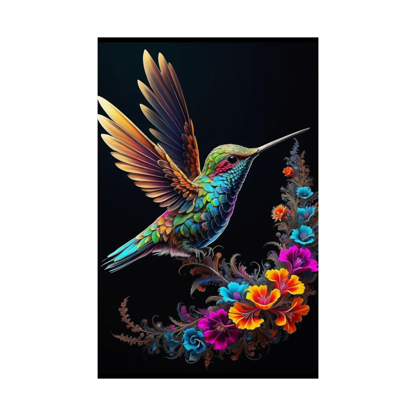 Flight of Elegance: Vibrant Hummingbird Soaring Amidst Fractal Blooms Matte Vertical Posters