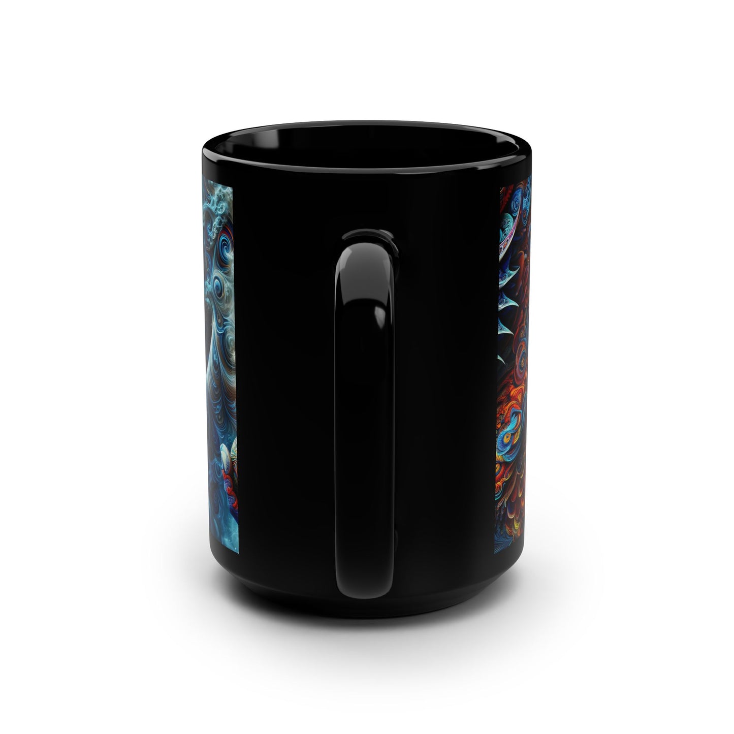 The Enigmatic Ember: A Dragon's Fractal Tale Black Mug, 15oz