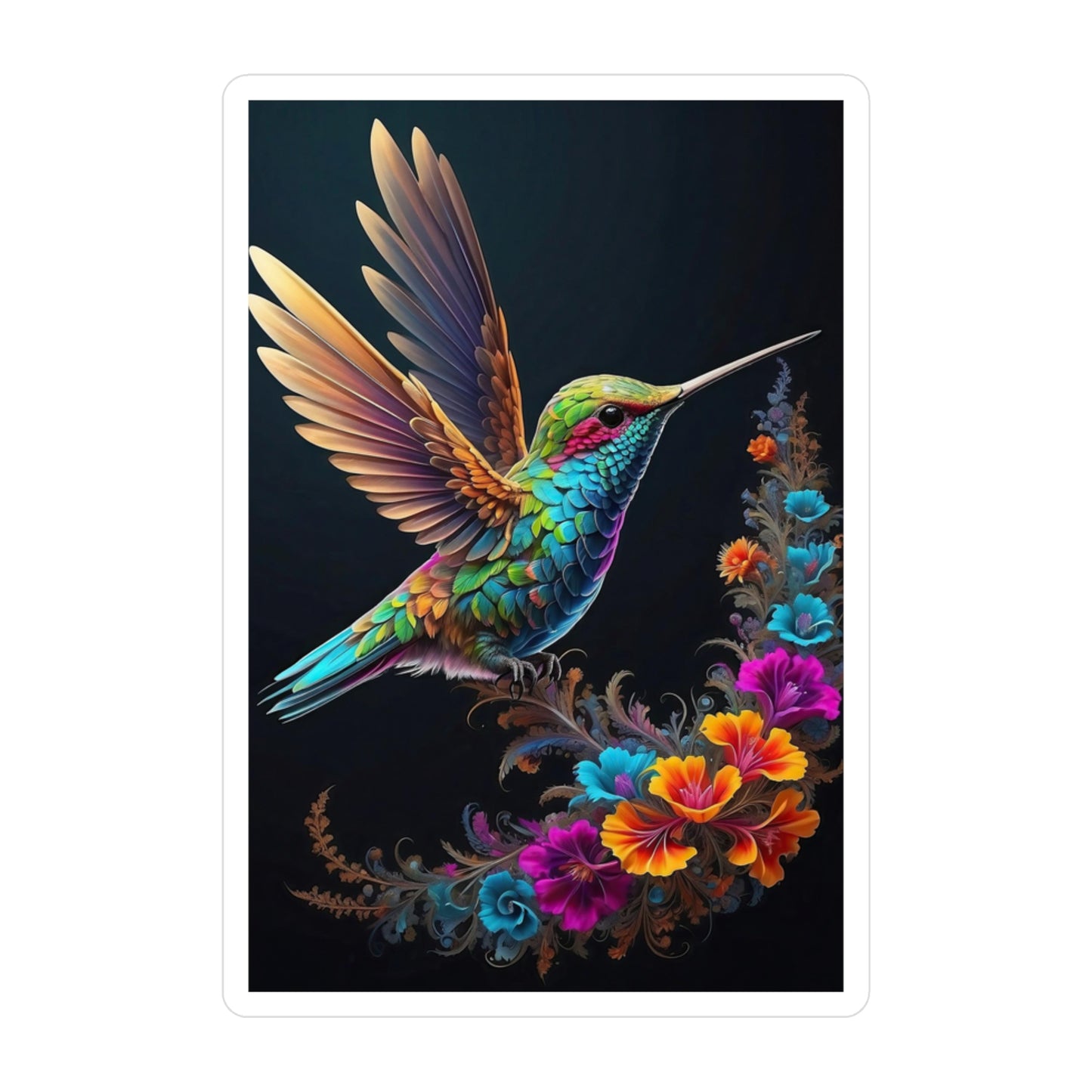 Flight of Elegance: Vibrant Hummingbird Soaring Amidst Fractal Blooms  Kiss-Cut Vinyl Decals