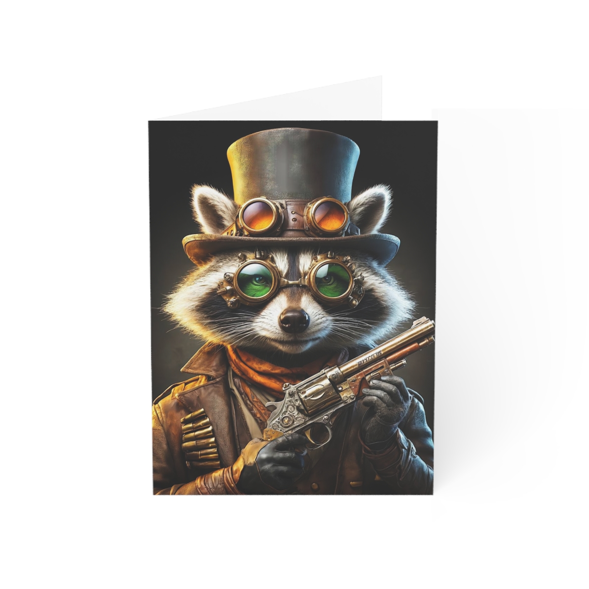 Alt Text: A captivating collection of Steam Raccoon Greeting Cards featuring a weathered top hat with emerald goggles, a mysterious brown jacket with intricate details, and a Steampunk aesthetic. Perfect for any occasion, these adventure-ready cards come in sets of 1, 10, 30, or 50 and offer personalization options. Choose from horizontal or vertical layouts, 4 sizes, and 4 finishes (matte, uncoated, one-sided coat, two-sided coat). Made with 270gsm paper, double-sided printing, and envelopes included.