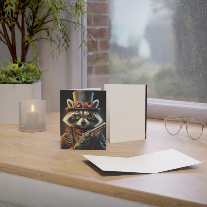 A captivating collection of Steam Raccoon Greeting Cards featuring a weathered top hat with emerald goggles, a mysterious brown jacket with intricate details, and a Steampunk aesthetic. Perfect for any occasion, these adventure-ready cards come in sets of 1, 10, 30, or 50 and offer personalization options. Choose from horizontal or vertical layouts, 4 sizes, and 4 finishes (matte, uncoated, one-sided coat, two-sided coat). Made with 270gsm paper, double-sided printing, and envelopes included.