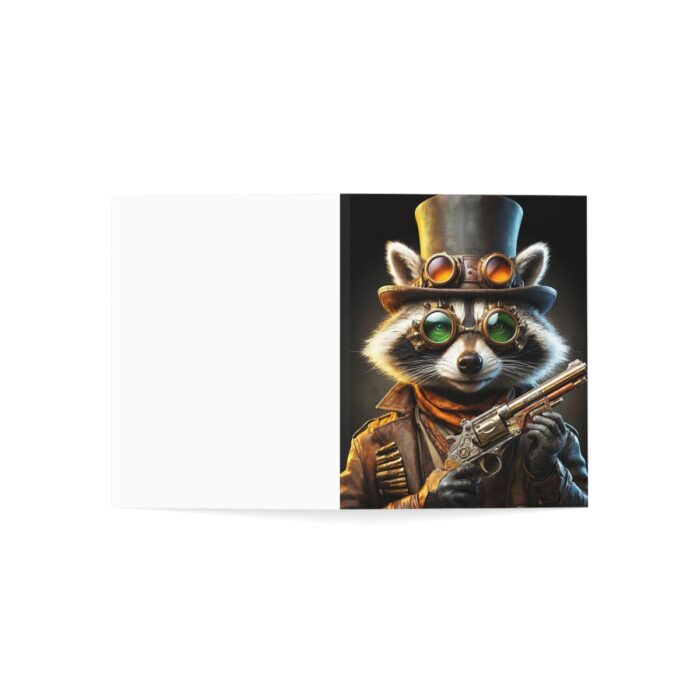 A captivating collection of Steam Raccoon Greeting Cards featuring a weathered top hat with emerald goggles, a mysterious brown jacket with intricate details, and a Steampunk aesthetic. Perfect for any occasion, these adventure-ready cards come in sets of 1, 10, 30, or 50 and offer personalization options. Choose from horizontal or vertical layouts, 4 sizes, and 4 finishes (matte, uncoated, one-sided coat, two-sided coat). Made with 270gsm paper, double-sided printing, and envelopes included.