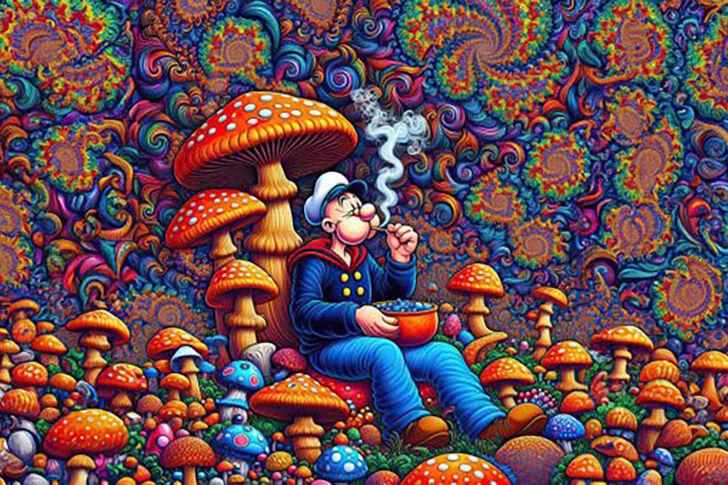 Popeye in a field of mushrooms smoking his pipe